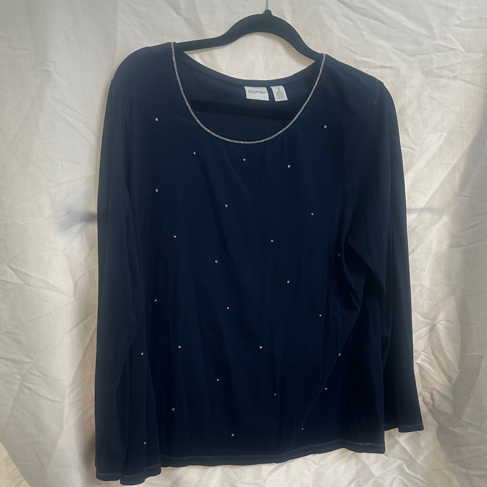 Elegant Navy Long Sleeve Top with Silver Details